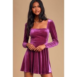 Lulu’s Magenta Velvet Long Sleeve Skater Dress